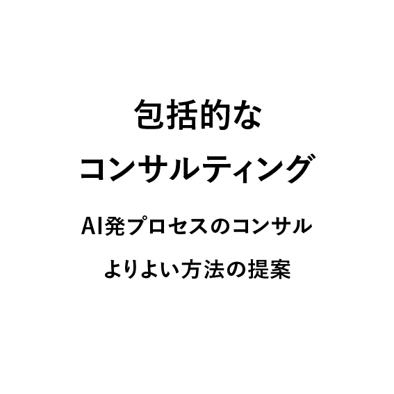 
                            包括的なコンサルティング,
                            AI発プロセスのコンサル,
                            よりよい方法の提案